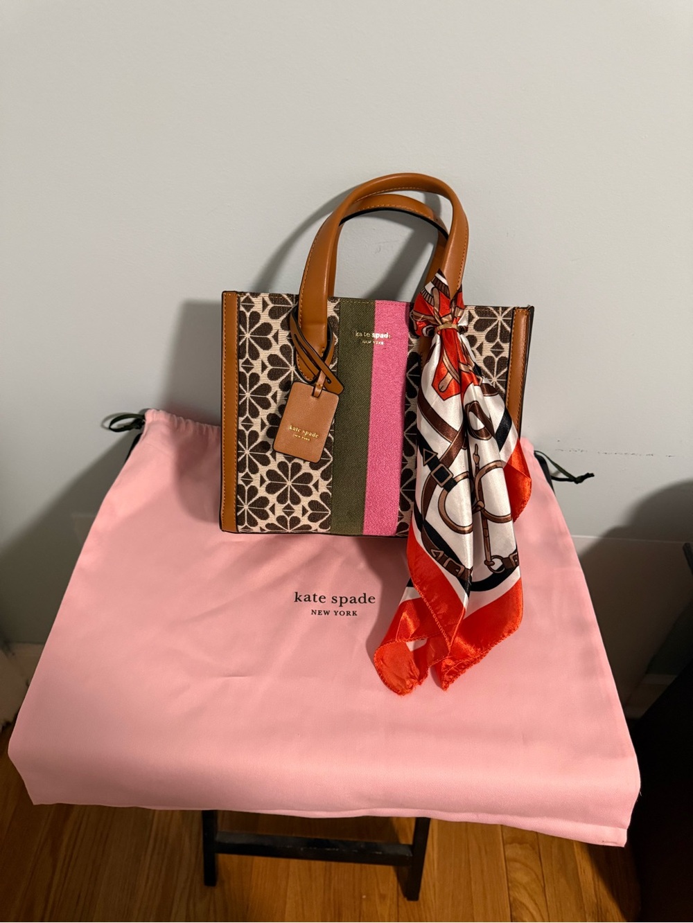 kate spade Brown Floral Canvas Tote with Pink & Olive Center Stripe and Tan Trim - Picture 12 of 14